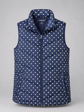 Lands End Womens Medium Puffer Vest Quilted Polka Dot Navy Zipper Front